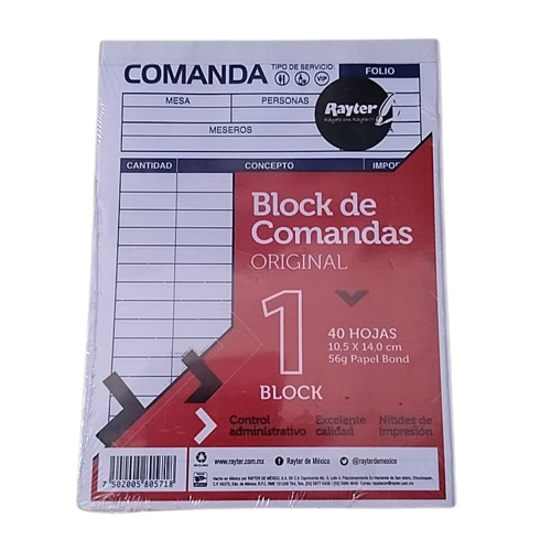 Block de Comanda Original Tamaño 1/4 de Carta con 40 Hojas Rayter