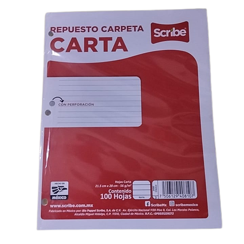 Hojas Perforadas para Carpeta Tamaño Carta de Raya con 100 Hojas Scribe